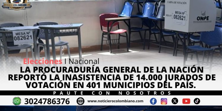 Jurados de votación durante la jornada electoral en Colombia mientras la Procuraduría reporta la ausencia de 14.000 designados.